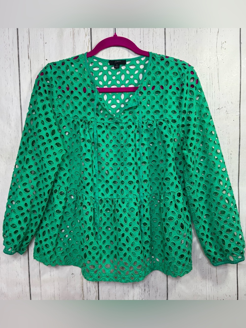J.Crew Green Eyelet Lace Boho Peasant Blouse Cottagecore Resort Coastal Top M